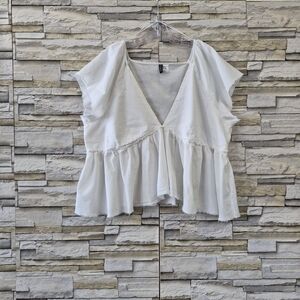 H&M Divided Blouse Women's Size XXL White Gauze Peplum Boho Cottagecore Raw Hem